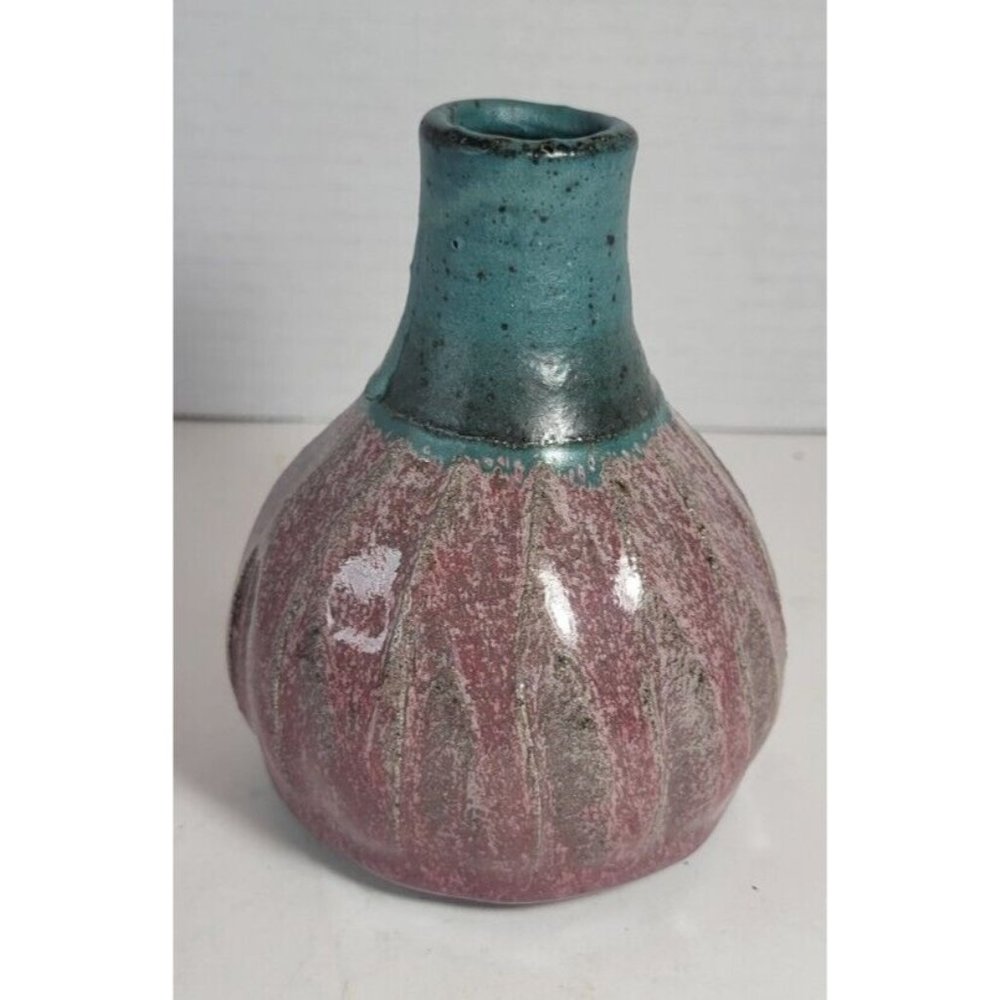 Vintage Art Pottery Glazed Squat Vase 4-1/2” Signed Green and Pink Tones